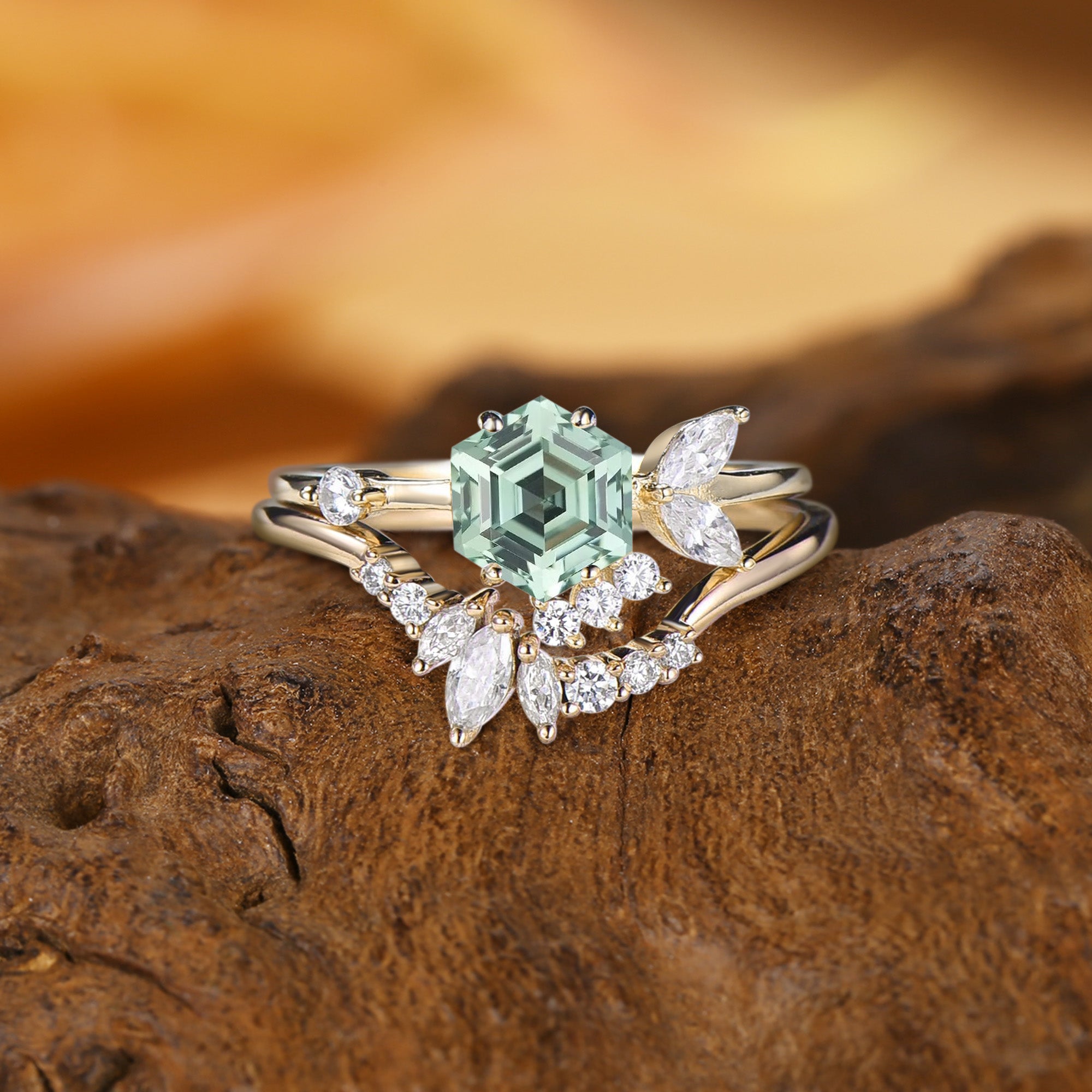 Zabelle - Unique Hexagon Cut Green Sapphire Cluster Engagement Ring Set 2pcs