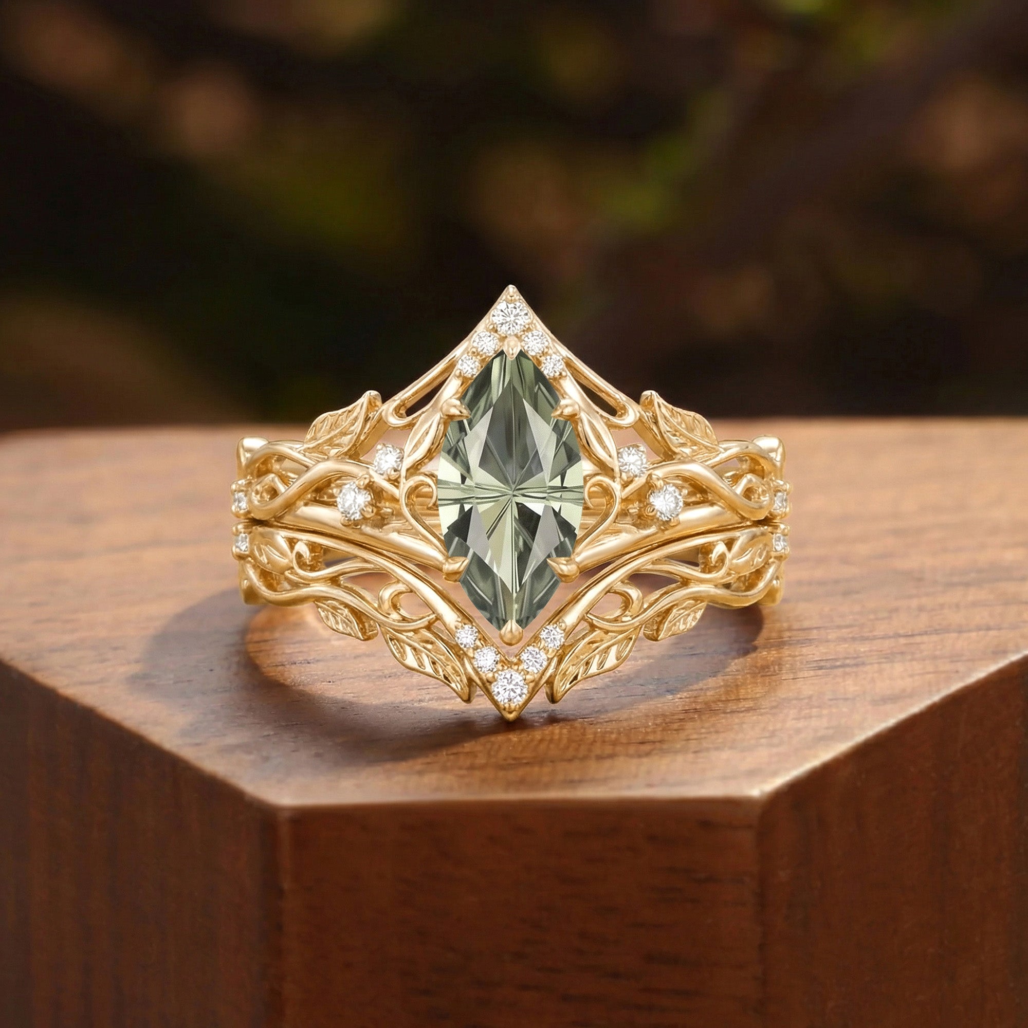 Forest Fairy Marquise Firework Cut Green Sapphire Leafy Inspired Bridal Set 2pcs - Felicity