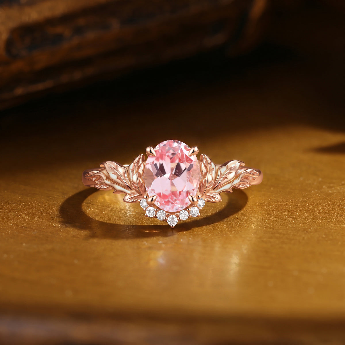 Oval Cut Padparadscha Sapphire Leafy Inspired Engagement Ring - Wendy