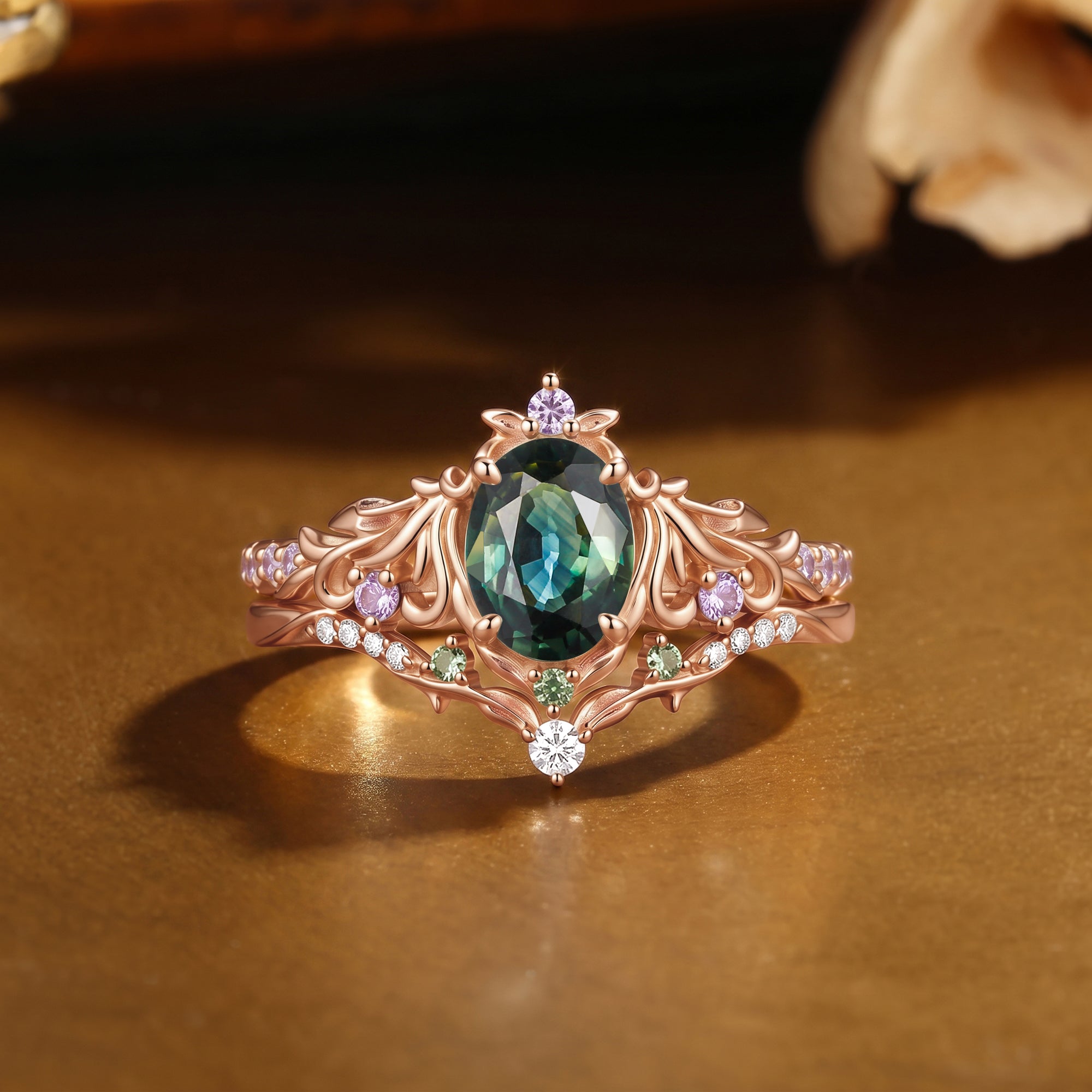 Leafy Oval Cut Natural Teal Sapphire Filigree Engagement Ring Set 2pcs - Calla