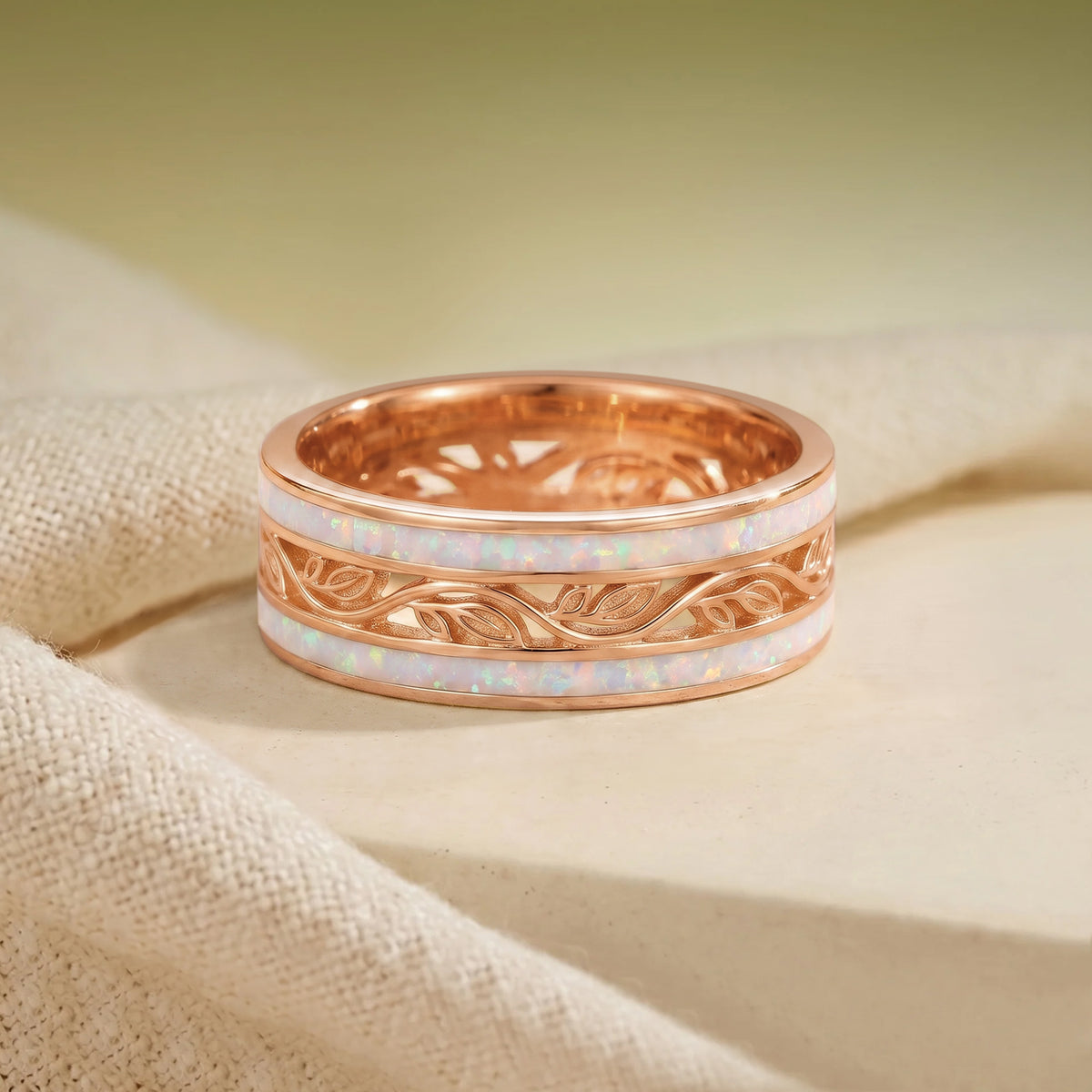 8MM Opal Leafy Branch Inspired Yellow Gold Men Rings