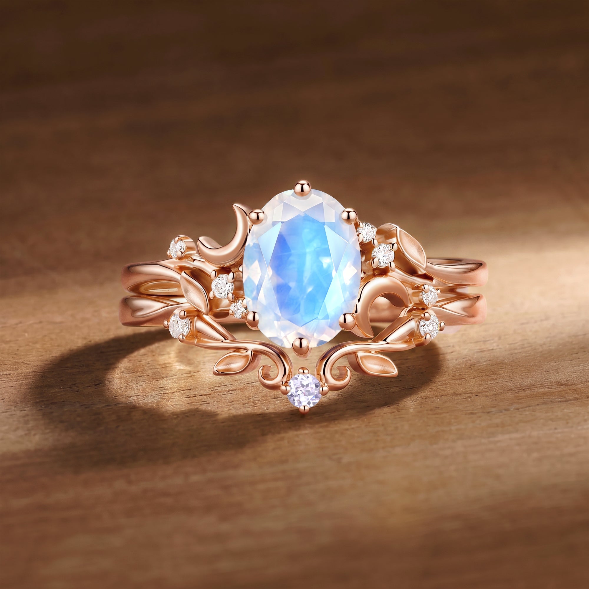 Moonlight Fairy Oval Cut Moonstone Moon & Leafy Ring Bridal Sets 2pcs - Meriel
