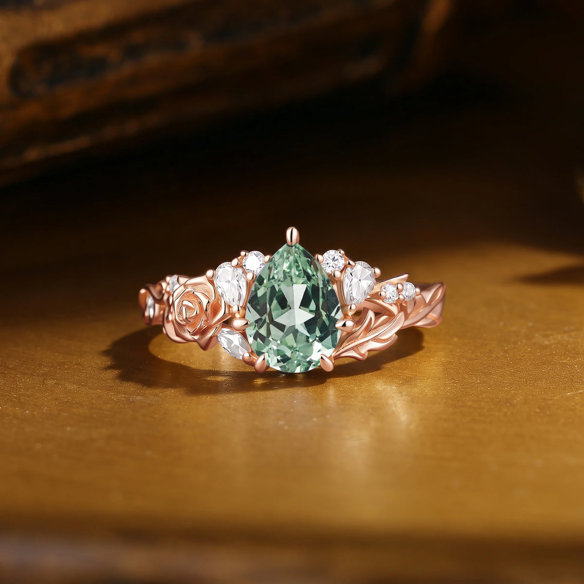 Pear Cut Lab Green Sapphire Rose Flower Leafy Engagement Ring - Ginger