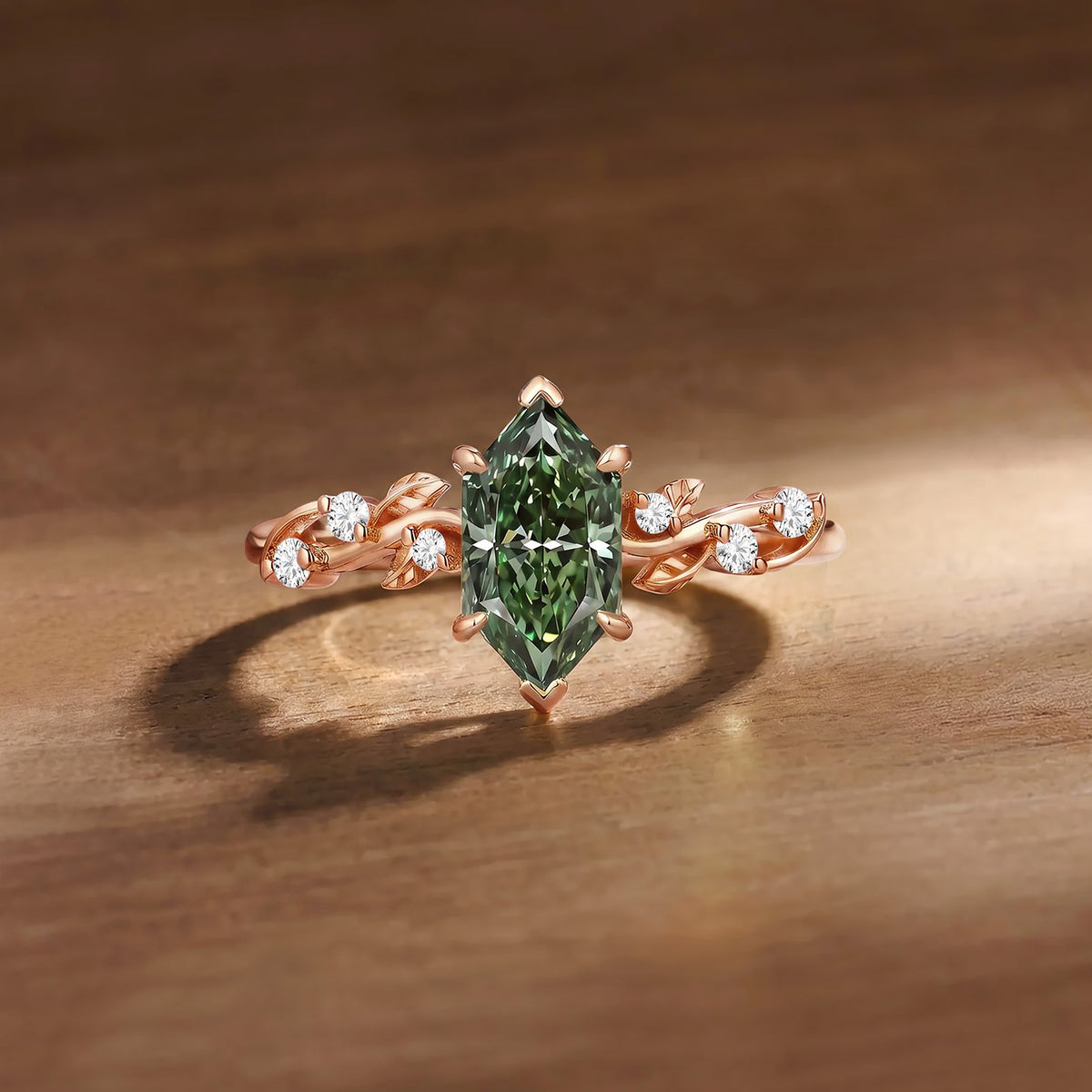 1CT Dutch Marquise Cut Green Lab Grown Diamond Twisted Leaf Engagement Ring - Clarissa