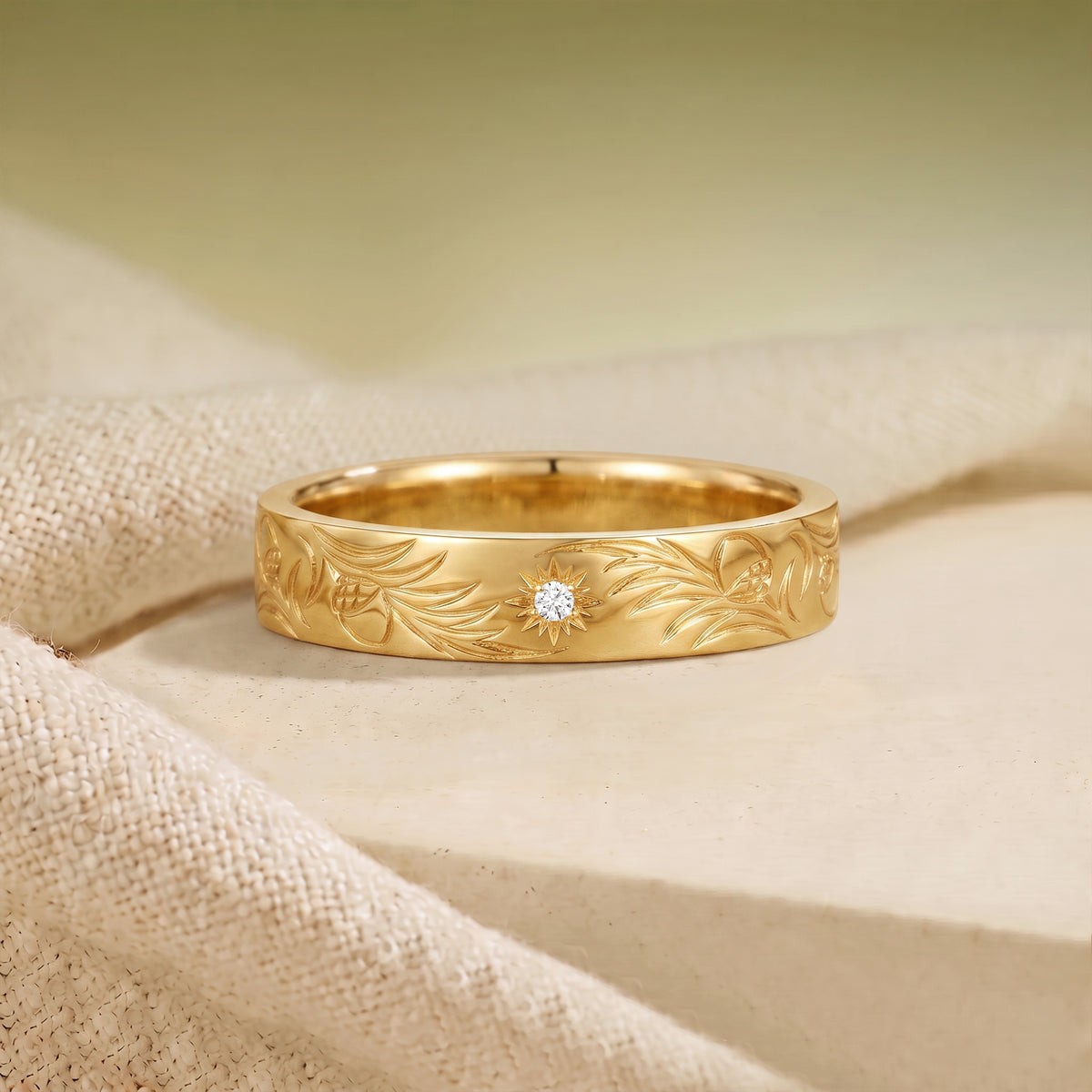 Hand Engraved Oak Leaf Inspired Anniversary Ring - Men Band