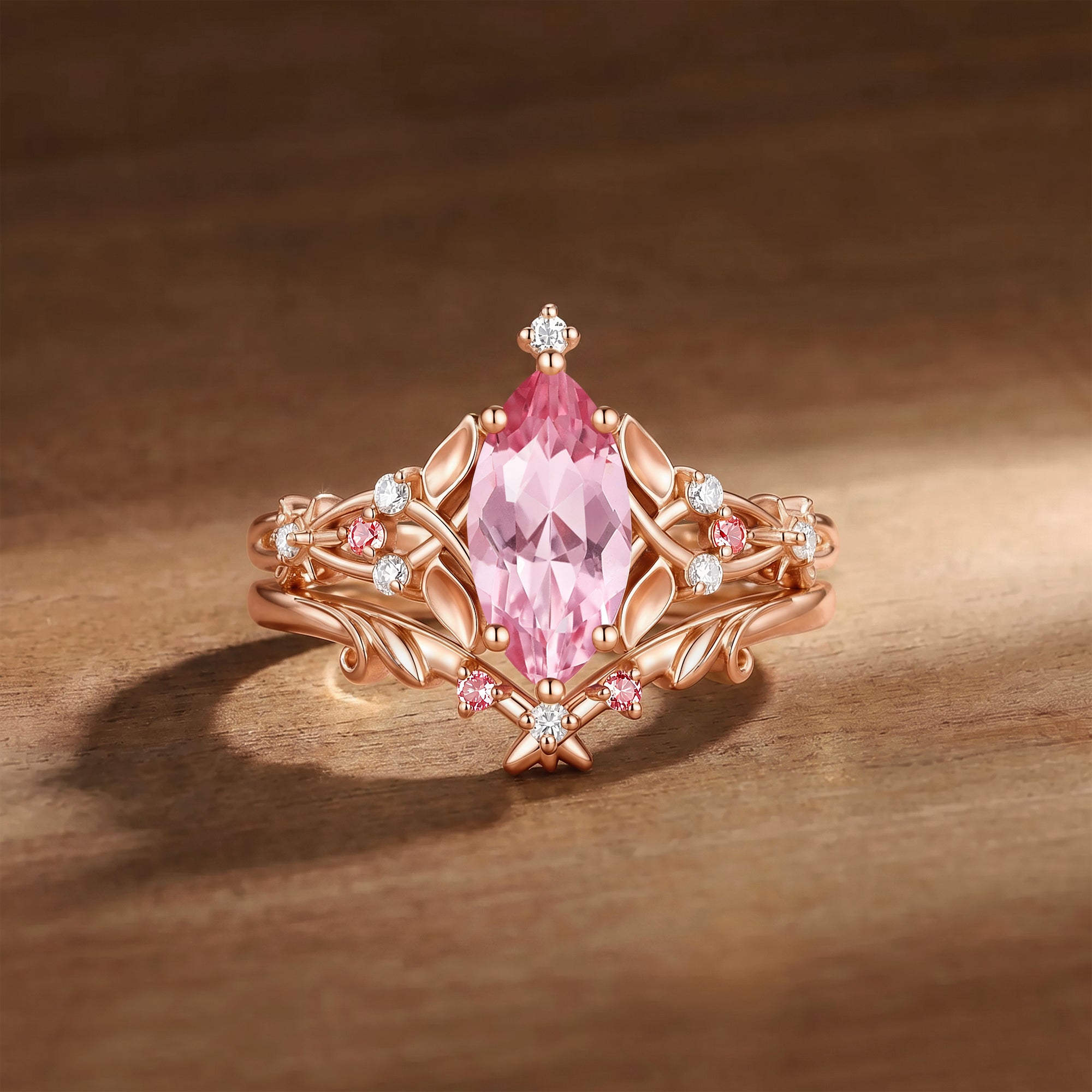 Floral Fairy Marquise Cut Padparadscha Sapphire Leafy Bridal Set 2pcs - Faith