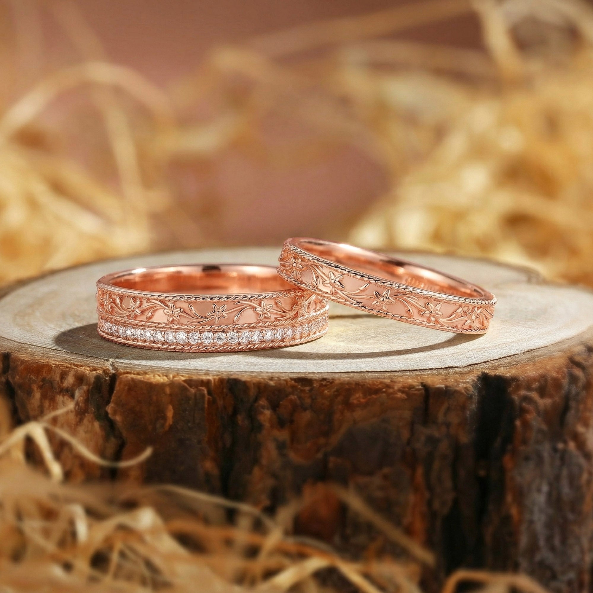 Couple Ring - Vintage Floral Vine Engraved Diamond Wedding Band Set