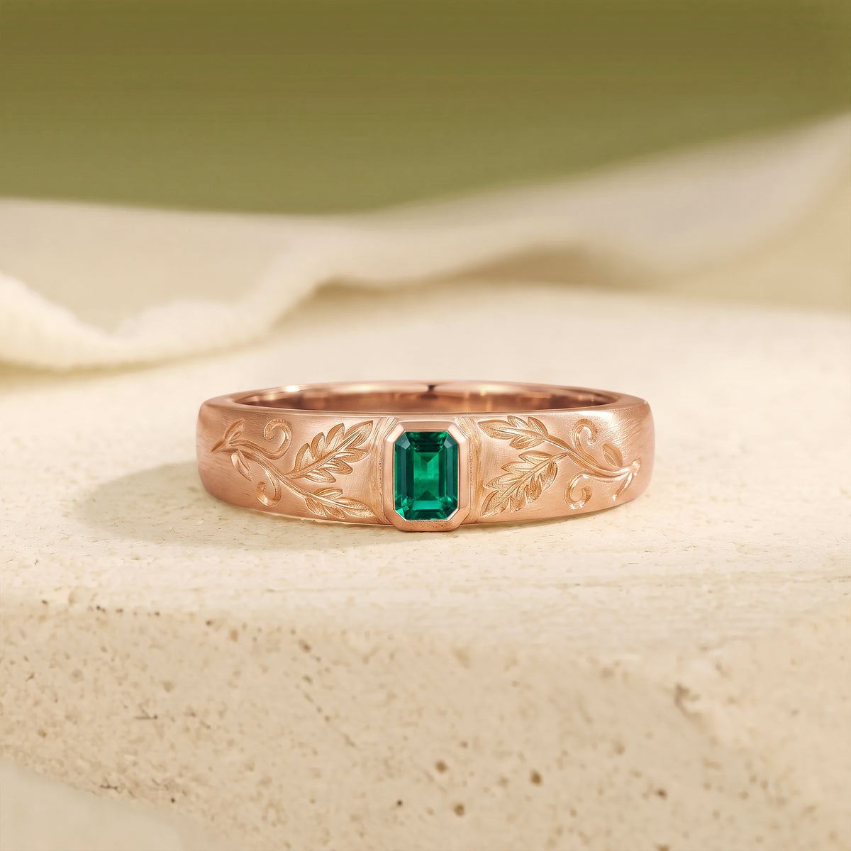 4MM Vintage Emerald Cut Emerald Leaf Vine Hand Engraved Men's Ring