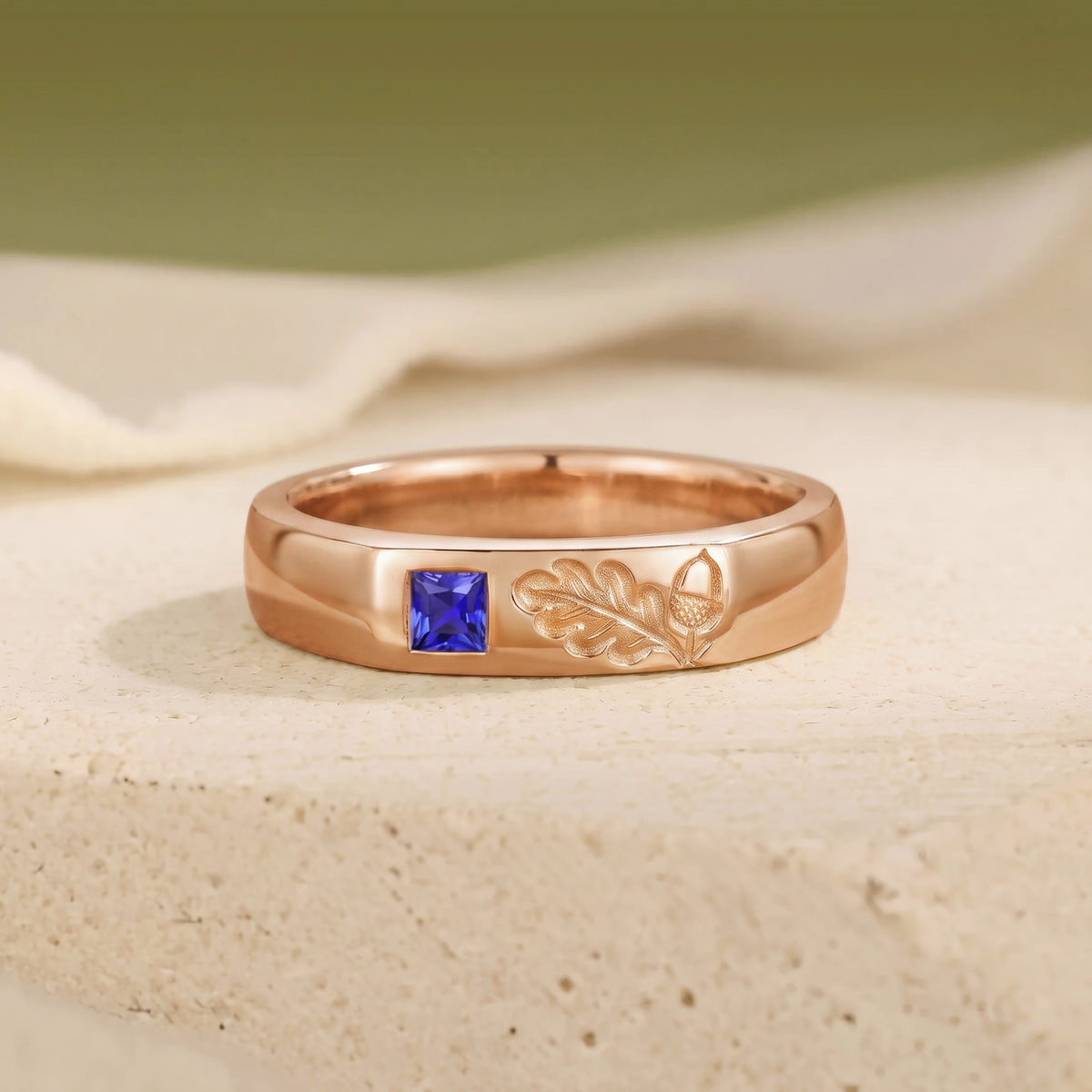Rustic Woodland Princess Cut Royal Blue Sapphire Gold Men's Ring