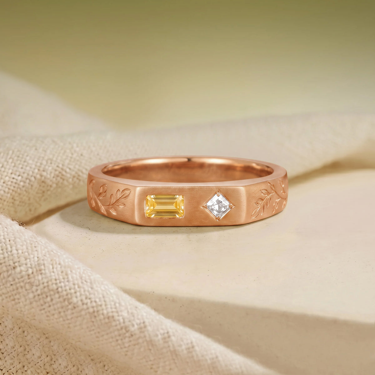 3.5MM Antique Yellow Citrine & Princess Cut Moissanite Engraved Leaf Men's Ring