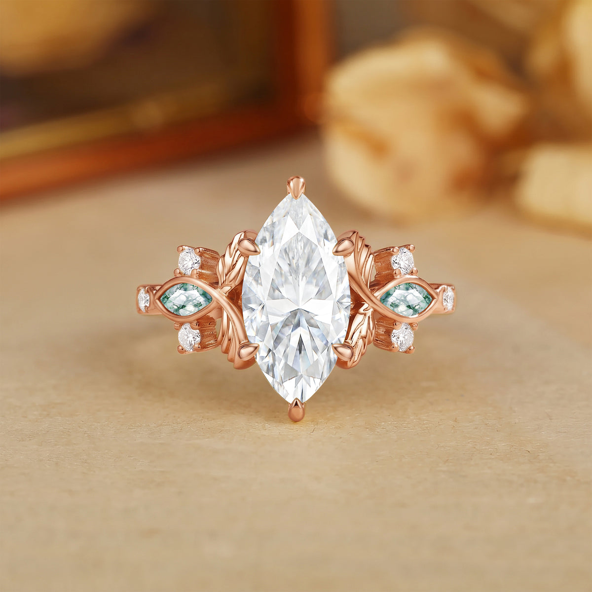 Marquise Cut Moissanite Moss Agate Leaf Fairytale Engagement Ring - Mosselle