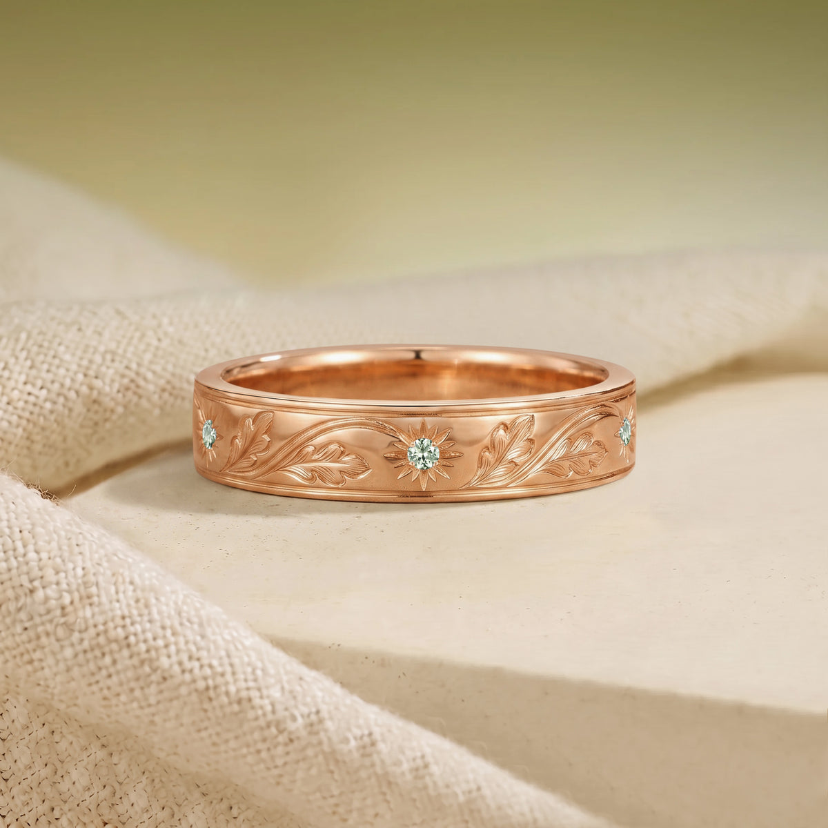 Art Carved Green Sapphire Oak Leaf Inspired Anniversary Ring - Men Band