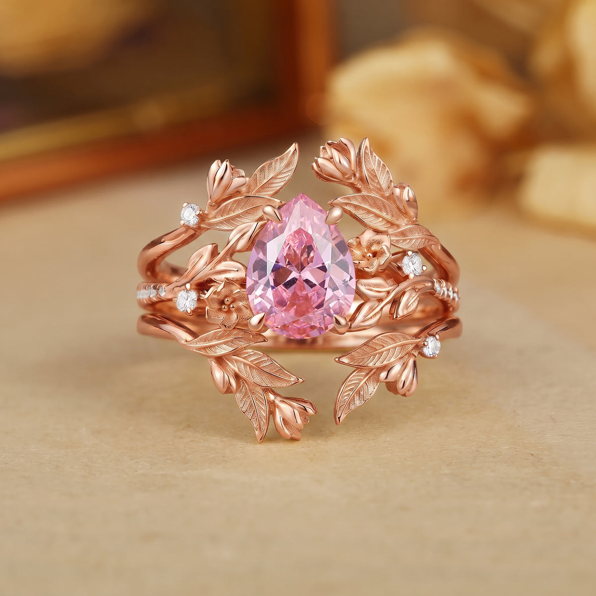 Pear Cut Lab Padparadscha Sapphire Leafy Floral Bridal Set 2pcs-Soleille