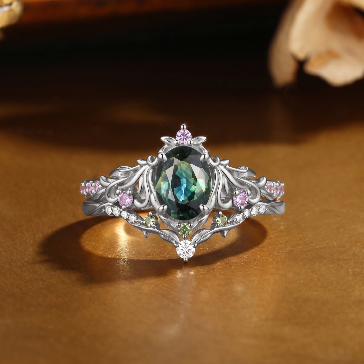 Leafy Oval Cut Natural Teal Sapphire Filigree Engagement Ring Set 2pcs - Calla