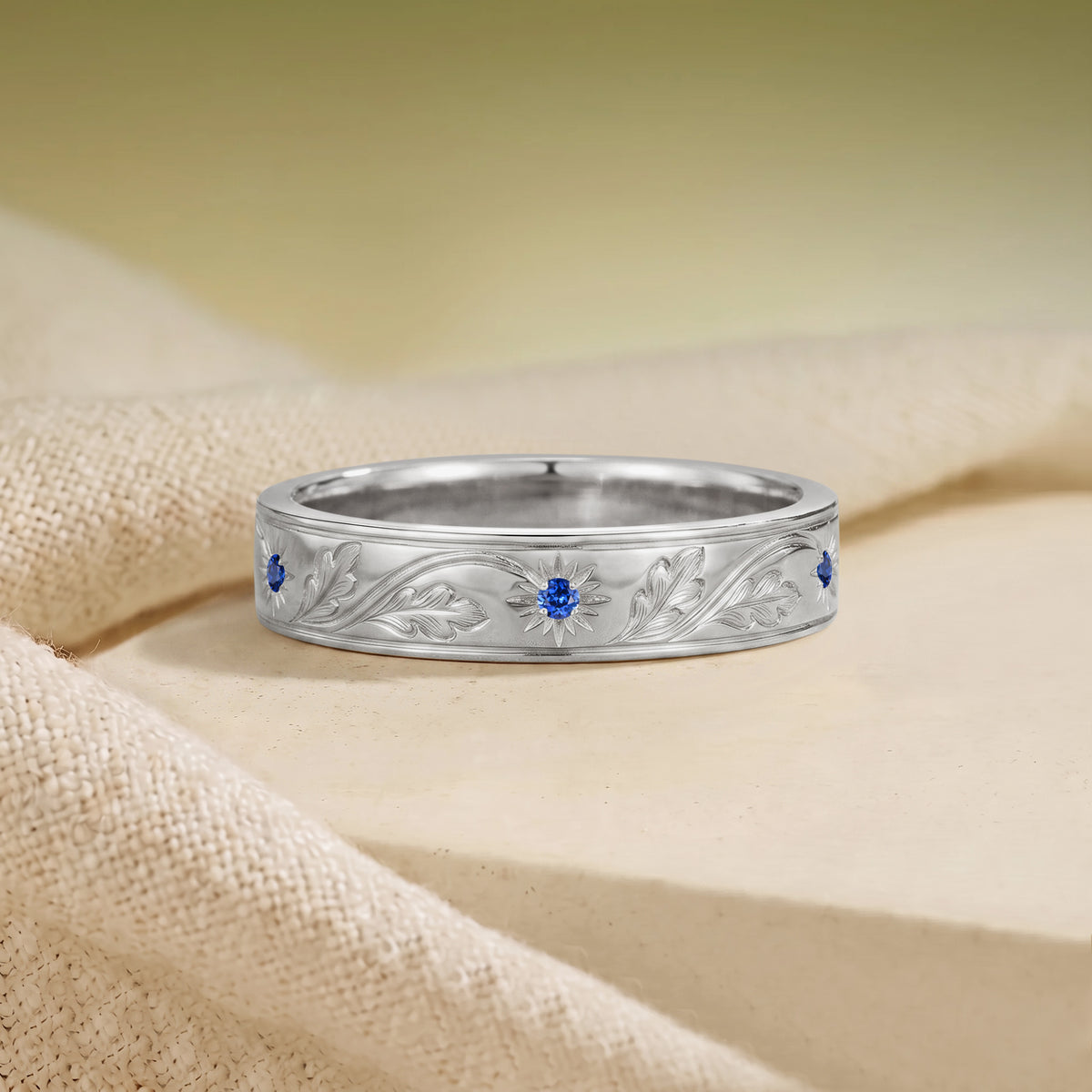 Engraved Royal Blue Sapphire Leafy Flower Inspired Anniversary Ring - Men Band