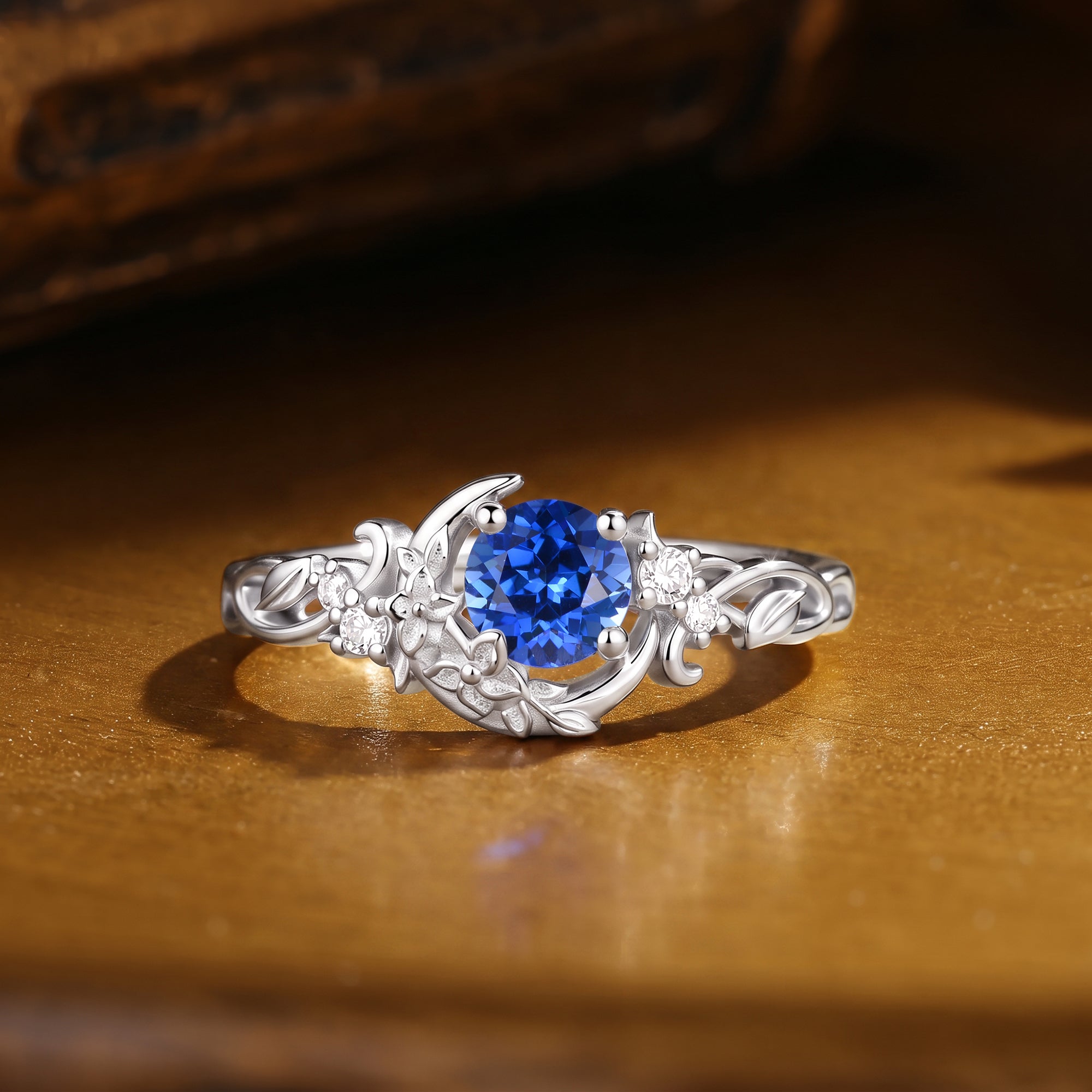 Leafy Flower & Crescent Moon Round Cut Blue Sapphire Engagement Ring - Lyric