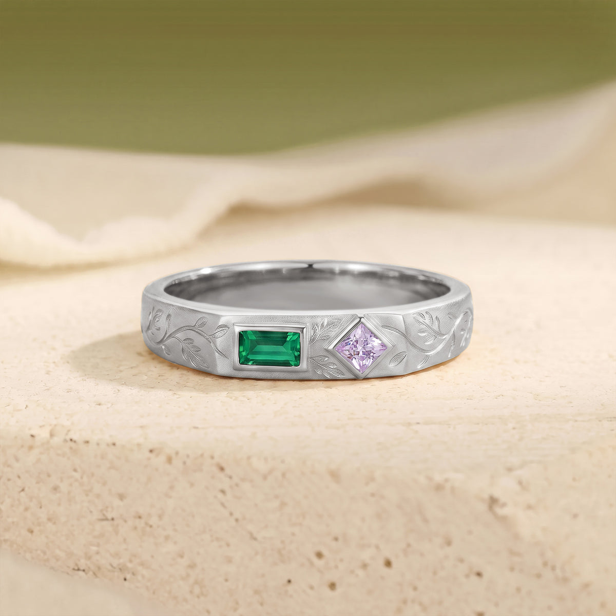 Art Nouveau Emerald & Princess Cut Purple Sapphire Hand Engraved Leaf Vine men's Ring