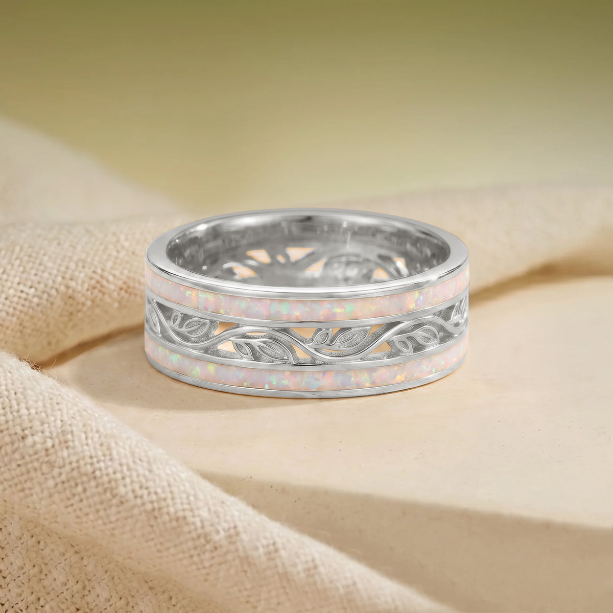 8MM Opal Leafy Branch Inspired Yellow Gold Men Rings