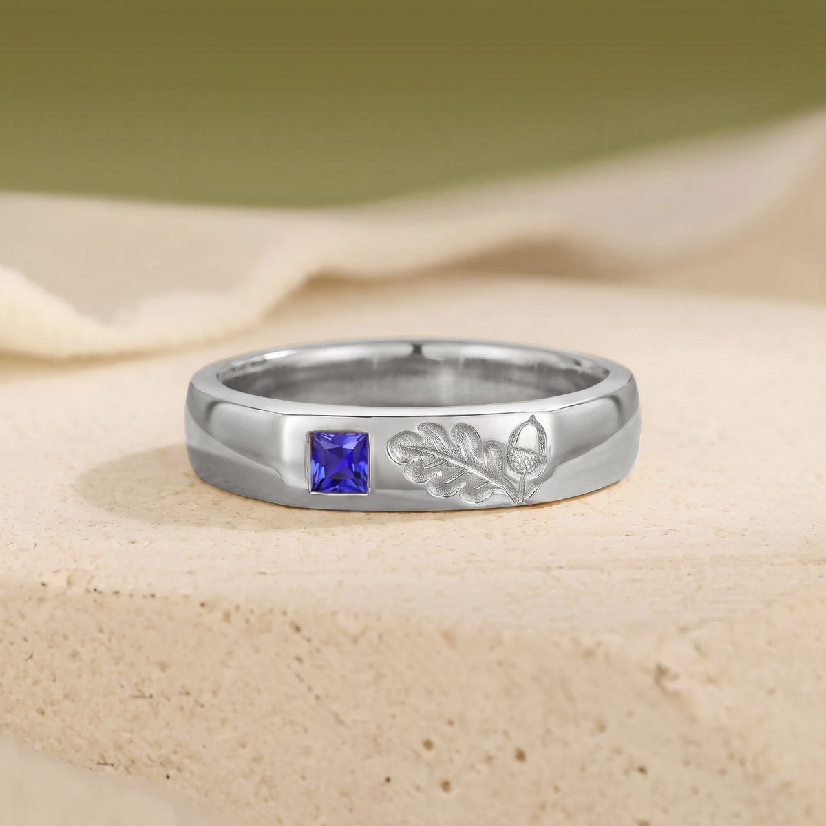 Rustic Woodland Princess Cut Royal Blue Sapphire Gold Men's Ring