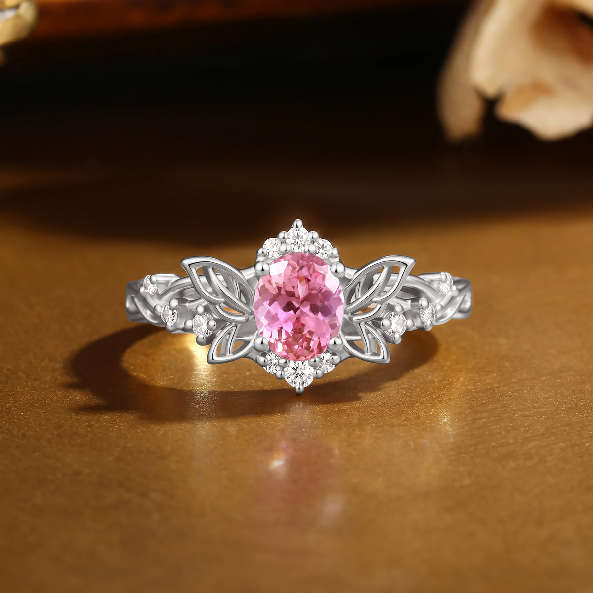 Butterfly Inspired Oval Cut Lab Pink Sapphire Leafy Fairytale Engagement Ring-Violette