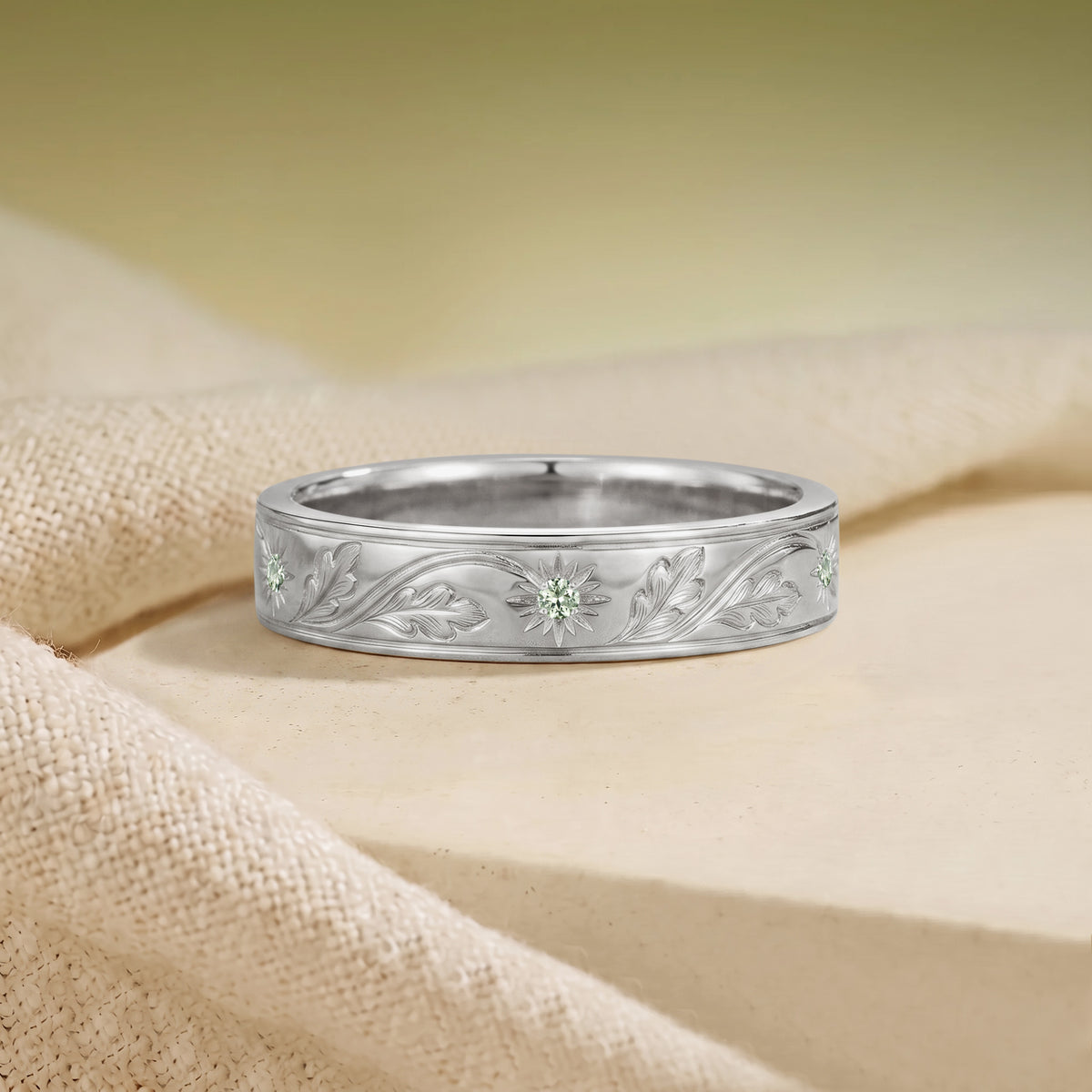 Art Carved Green Sapphire Oak Leaf Inspired Anniversary Ring - Men Band