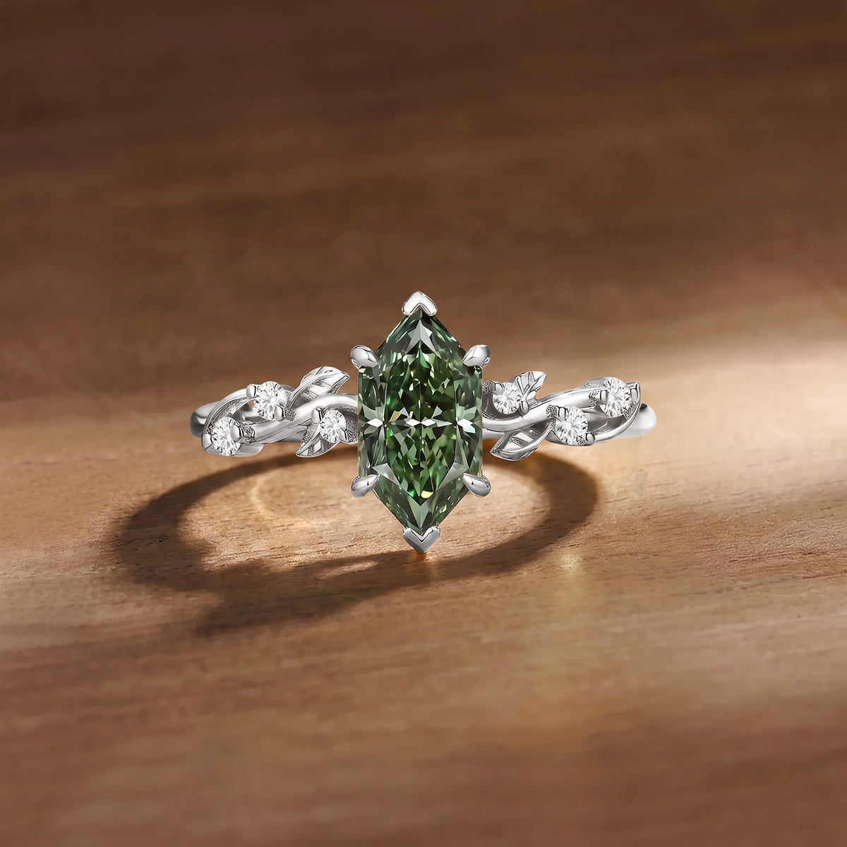 1CT Dutch Marquise Cut Green Lab Grown Diamond Twisted Leaf Engagement Ring - Clarissa