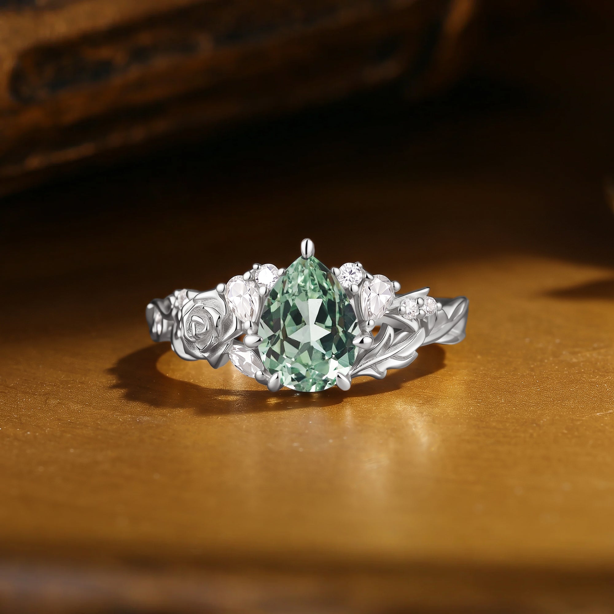 Pear Cut Lab Green Sapphire Rose Flower Leafy Engagement Ring - Ginger