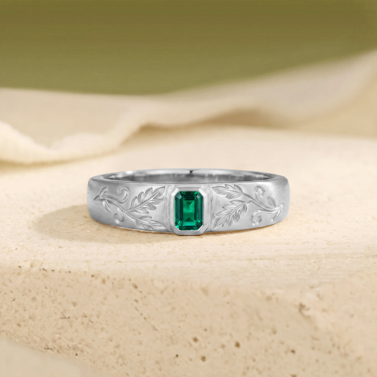 4MM Vintage Emerald Cut Emerald Leaf Vine Hand Engraved Men's Ring