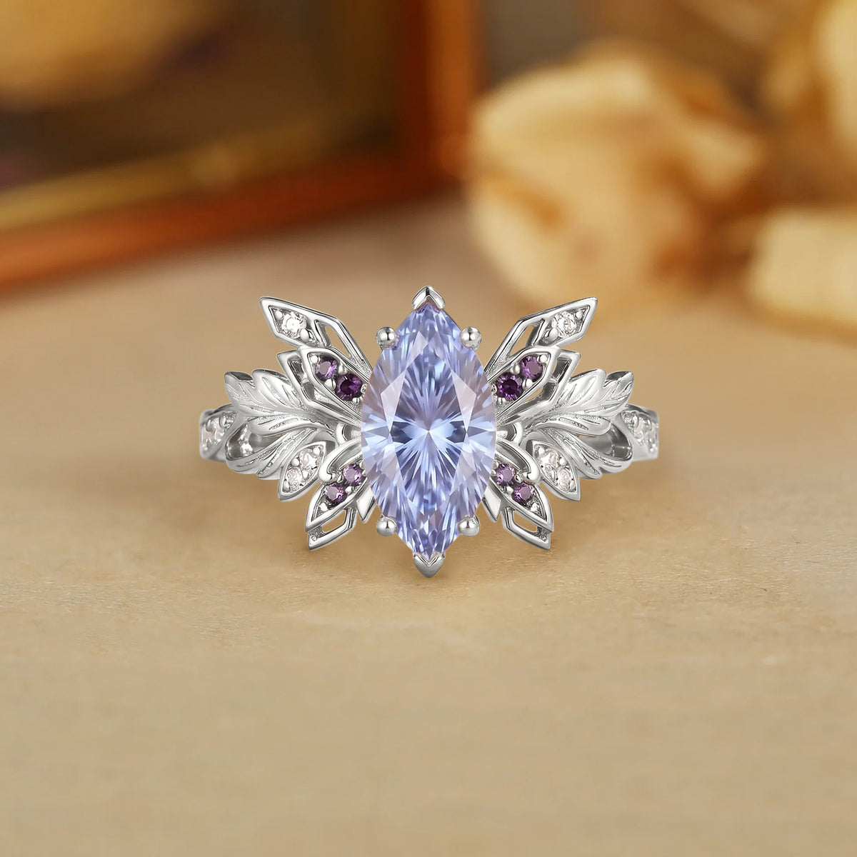 Butterfly Wing Forest Fairy Marquise Firework Cut Purple Sapphire Leafy Engagement Ring - Inara