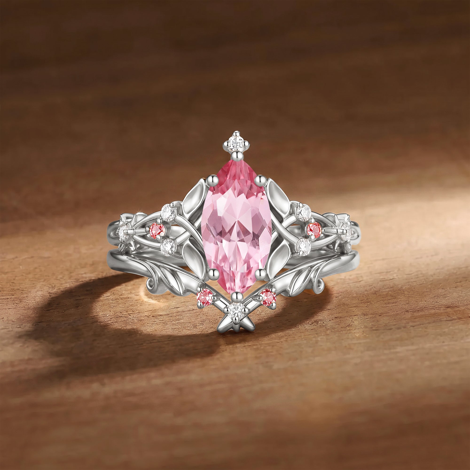 Floral Fairy Marquise Cut Padparadscha Sapphire Leafy Bridal Set 2pcs - Faith