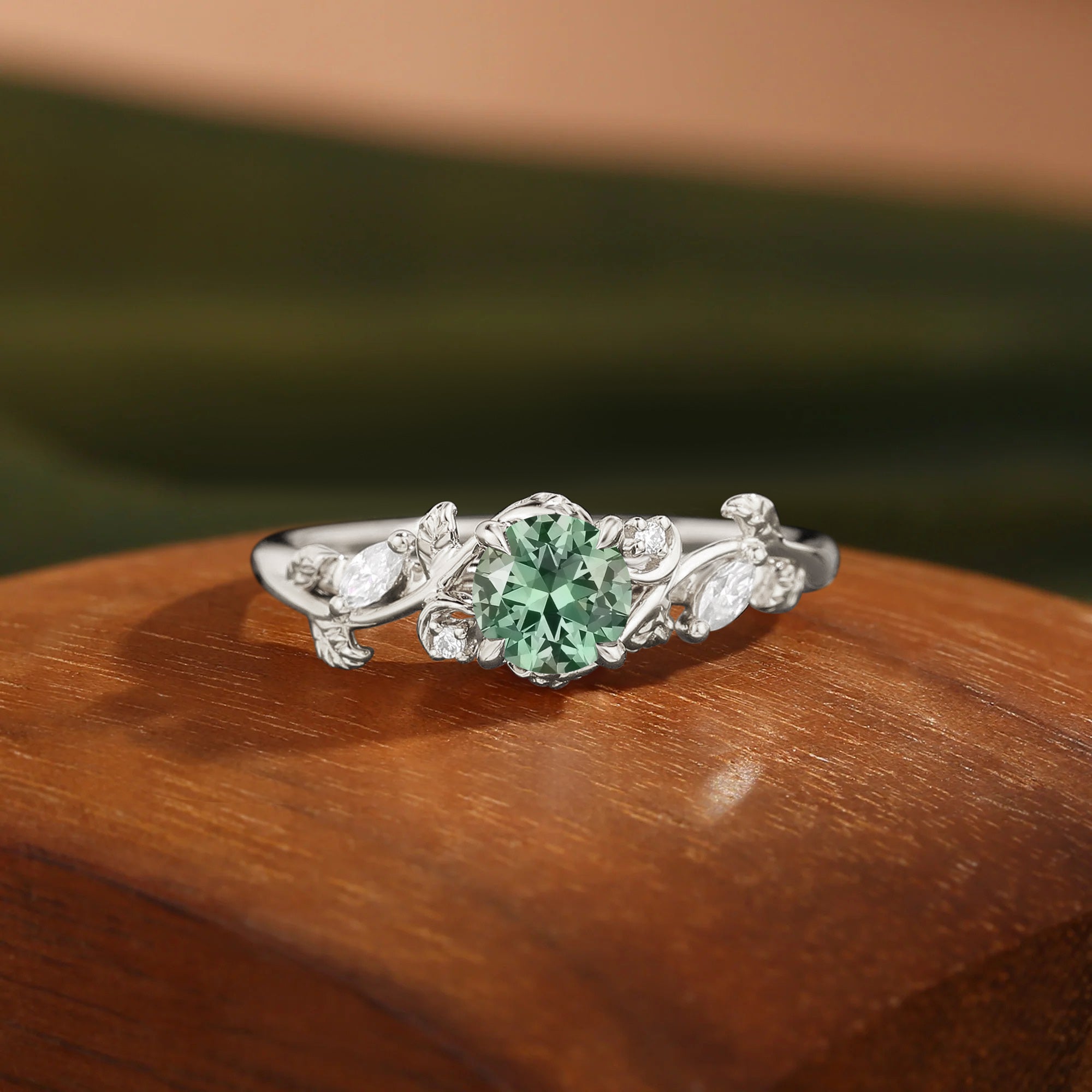 Désirée - Lab Light Green Sapphire Round Cut Engagement Ring