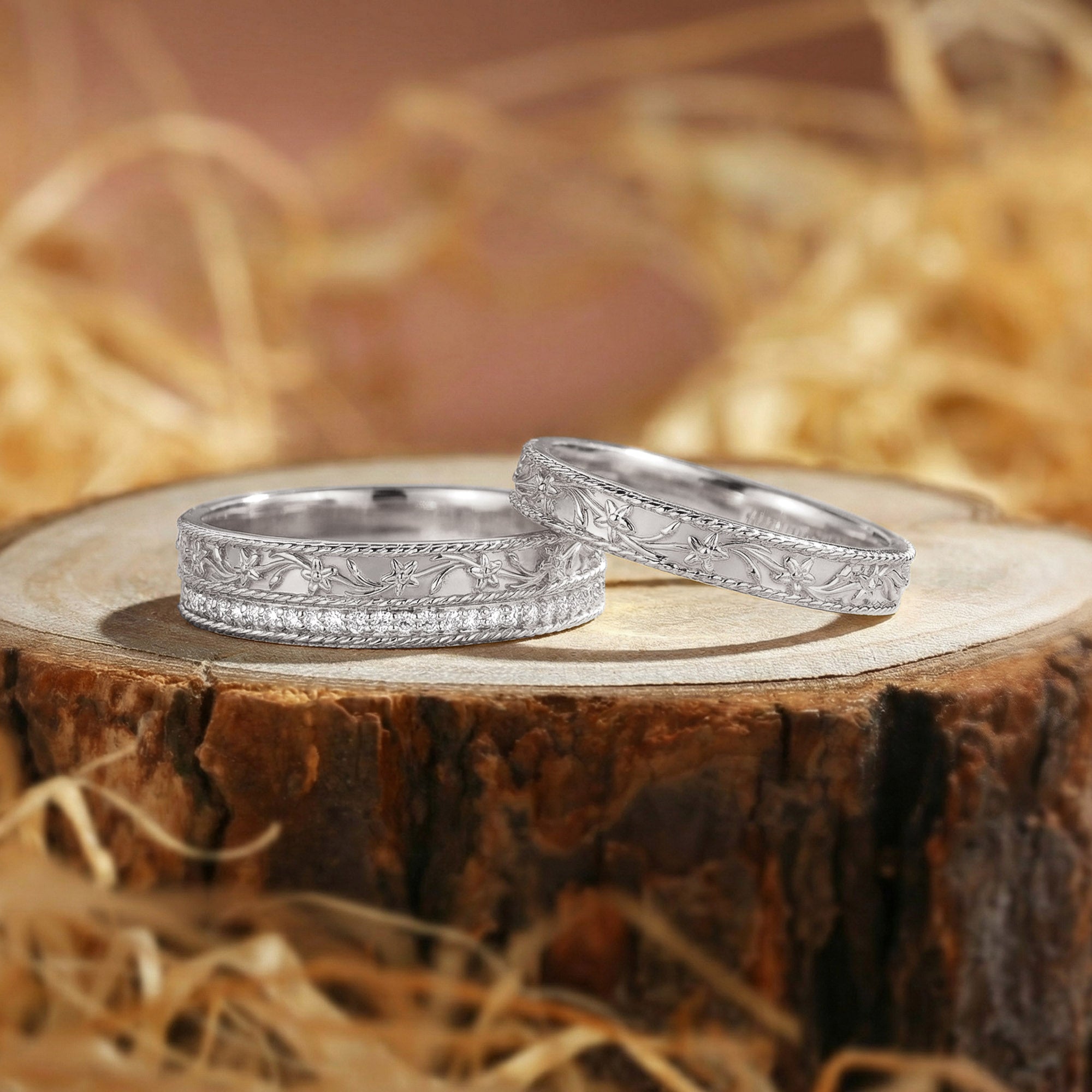 Couple Ring - Vintage Floral Vine Engraved Diamond Wedding Band Set