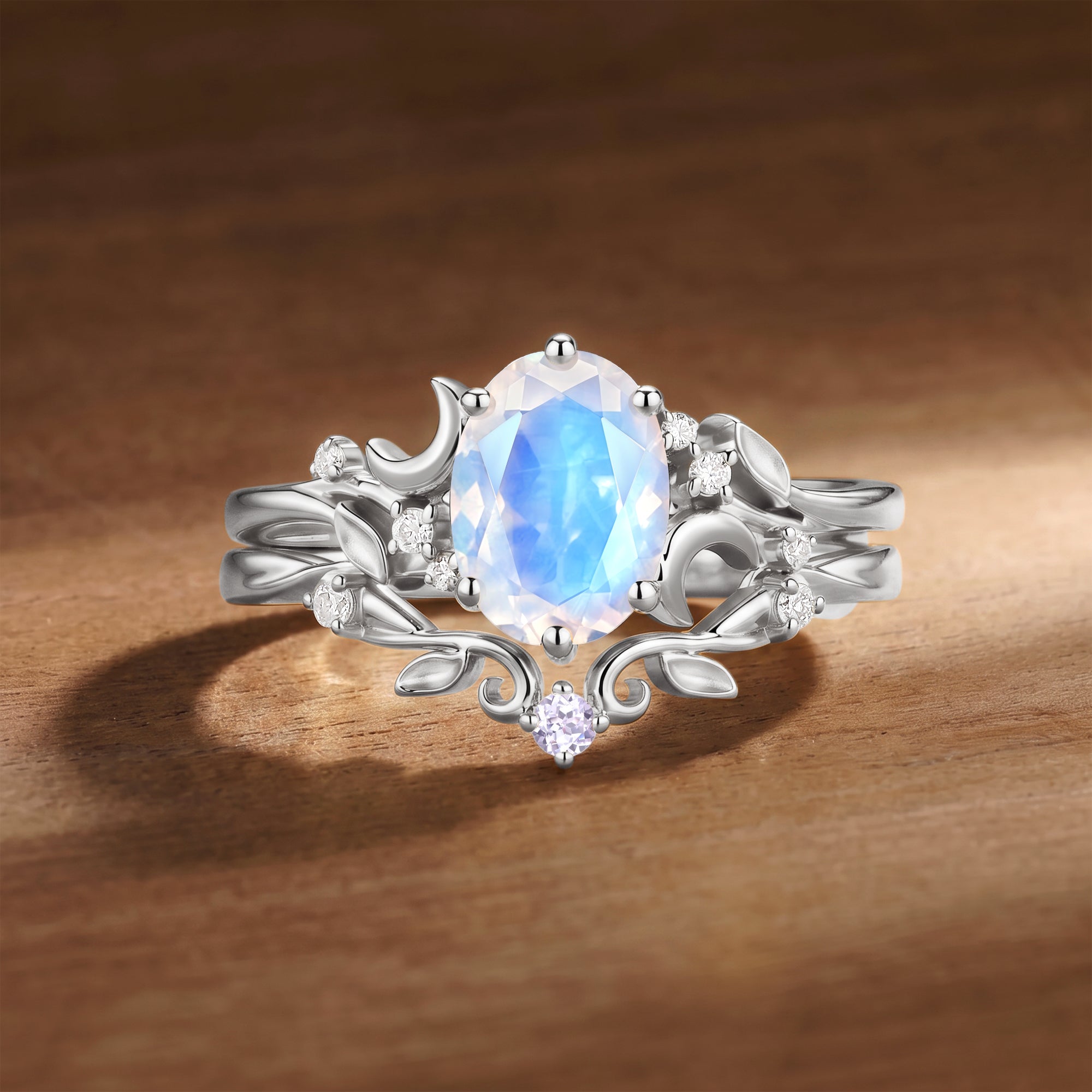 Moonlight Fairy Oval Cut Moonstone Moon & Leafy Ring Bridal Sets 2pcs - Meriel