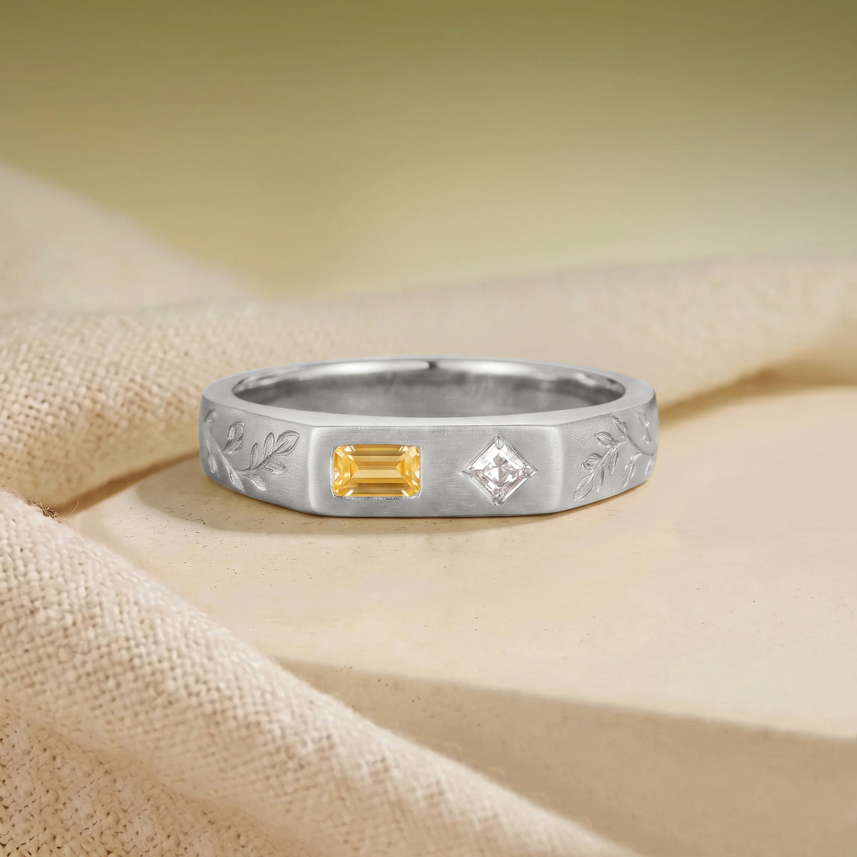3.5MM Antique Yellow Citrine & Princess Cut Moissanite Engraved Leaf Men's Ring