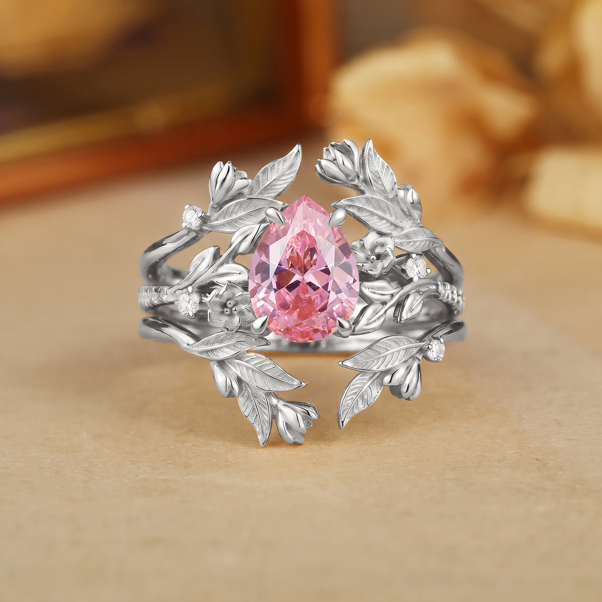 Pear Cut Lab Padparadscha Sapphire Leafy Floral Bridal Set 2pcs-Soleille