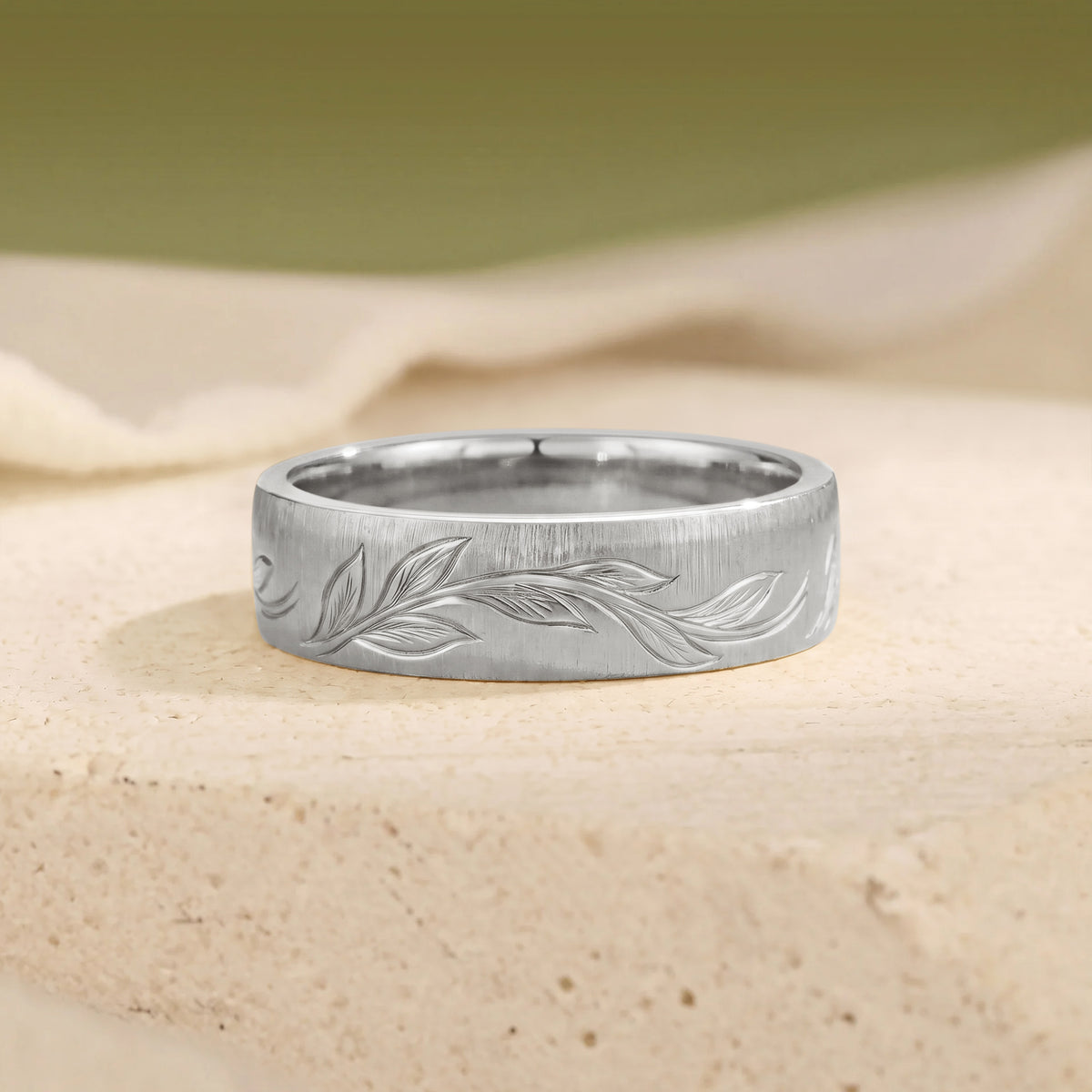 Delicate Hand Engraved Leafy Inspired Anniversary Ring - Men Band