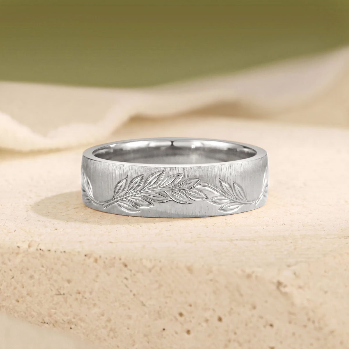 Unique Engraved Nature Leaf Inspired Anniversary Ring - Men Band