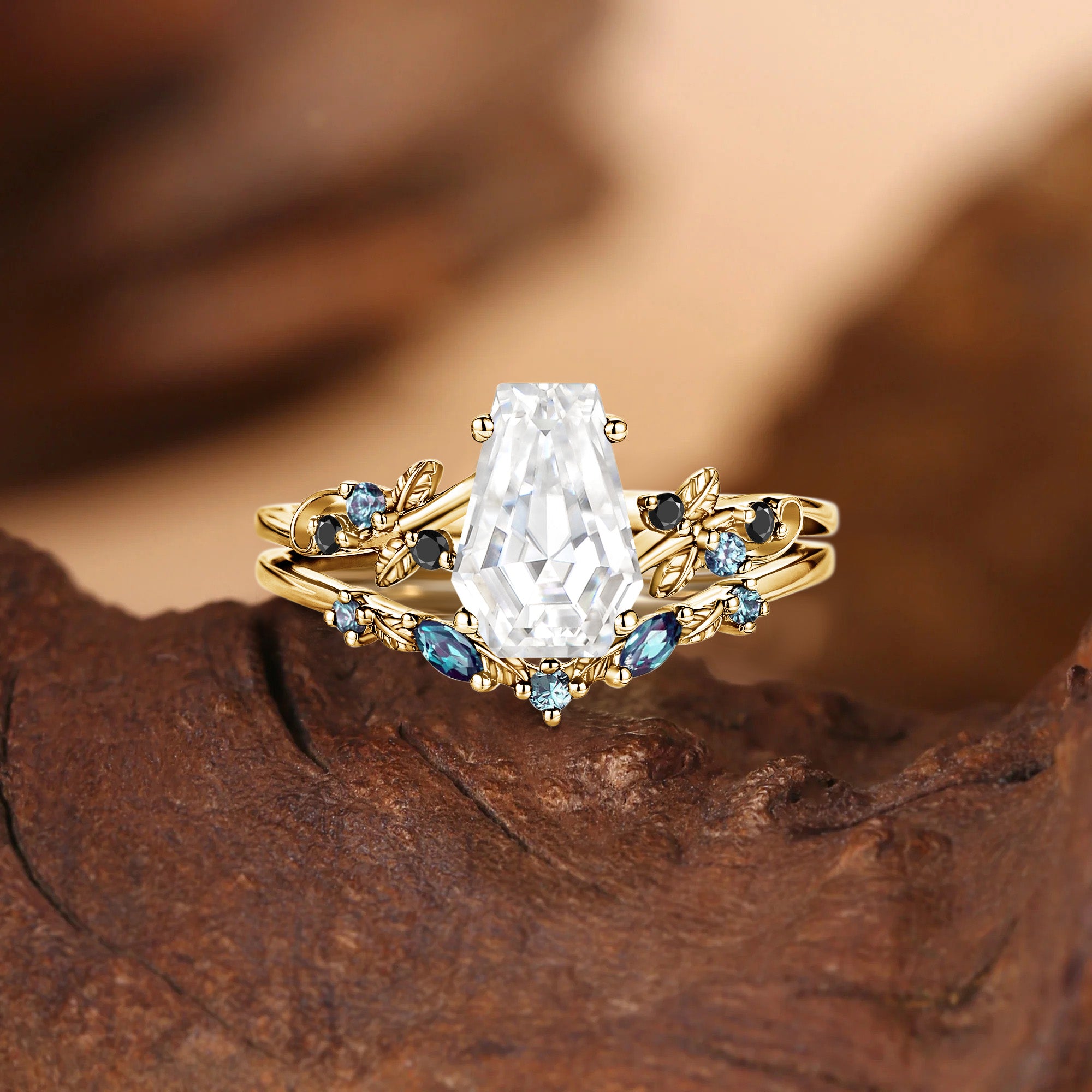 Caroline - Nature Inspired Coffin Cut Moissanite Leafy Bridal Set 2pcs