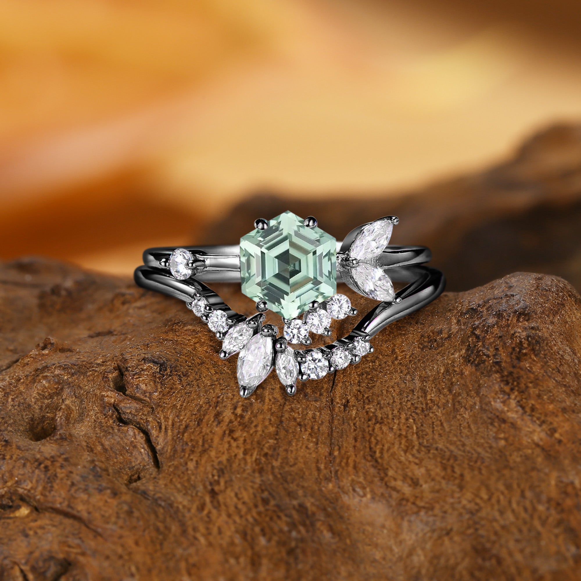 Zabelle - Unique Hexagon Cut Green Sapphire Cluster Engagement Ring Set 2pcs