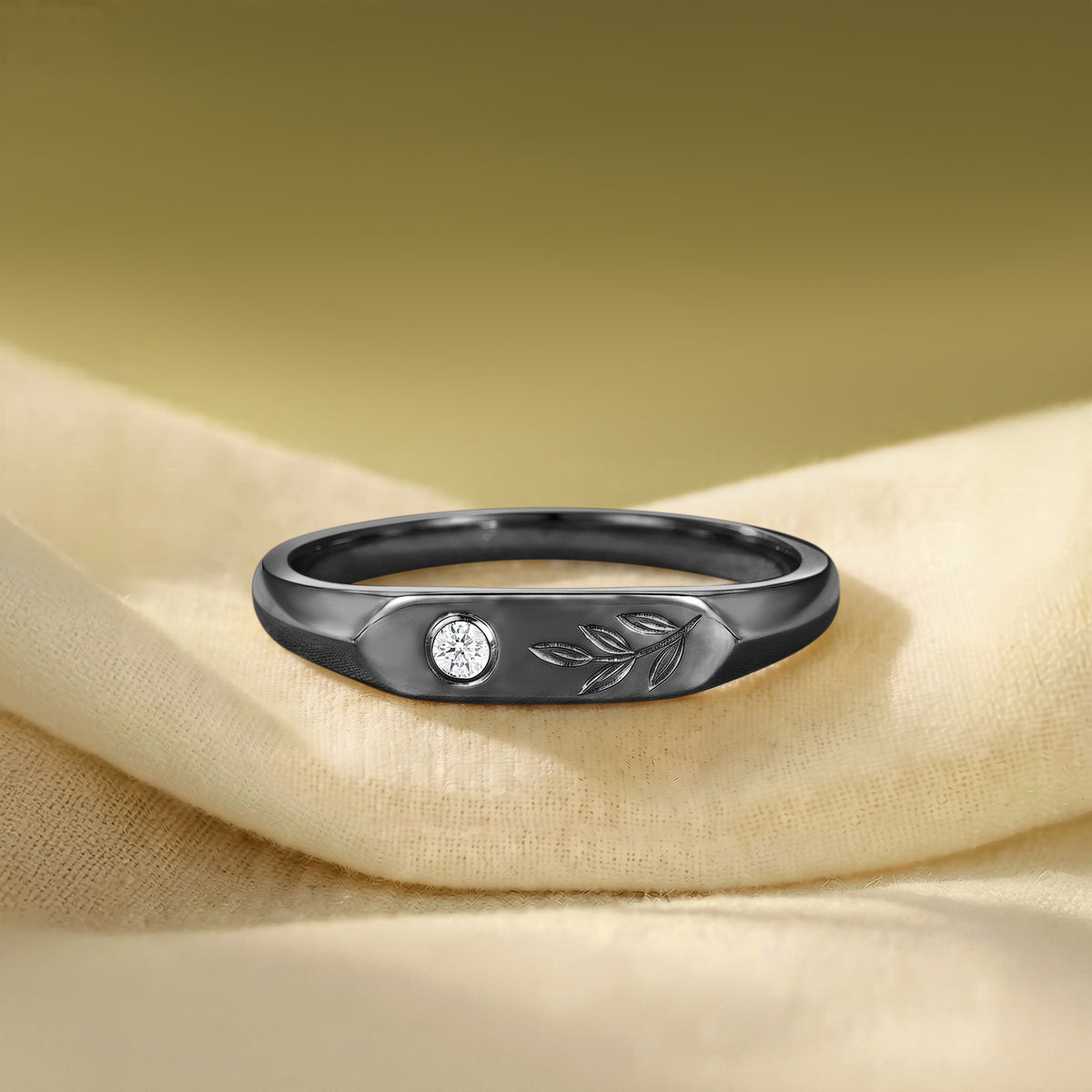 Art Signet Engraved Moissanite Leafy Inspired Anniversary Ring - Men Band
