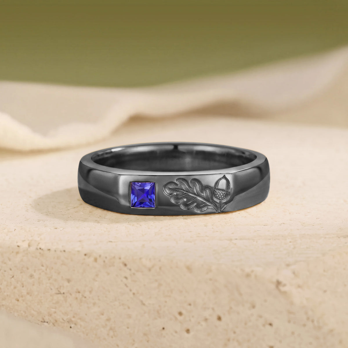 Rustic Woodland Princess Cut Royal Blue Sapphire Gold Men's Ring