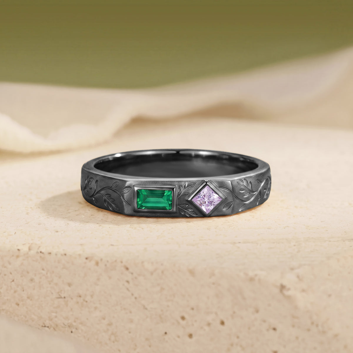 Art Nouveau Emerald & Princess Cut Purple Sapphire Hand Engraved Leaf Vine men's Ring