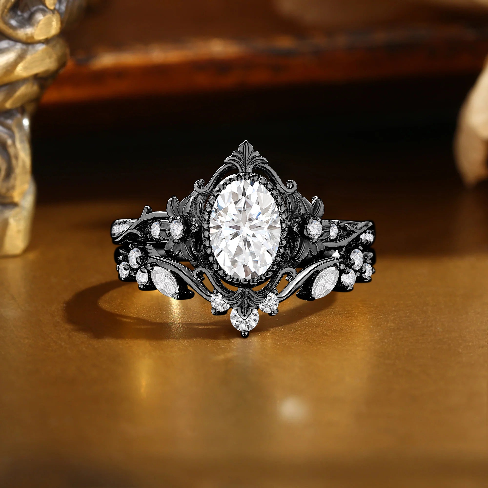 Sibylla - Oval Cut Moissanite Flower Royalcore Vintage Engagement Ring Set 2Pcs