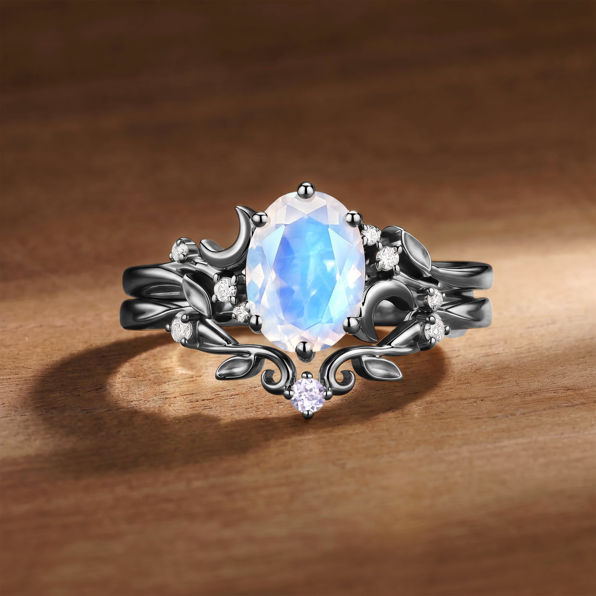 Moonlight Fairy Oval Cut Moonstone Moon & Leafy Ring Bridal Sets 2pcs - Meriel