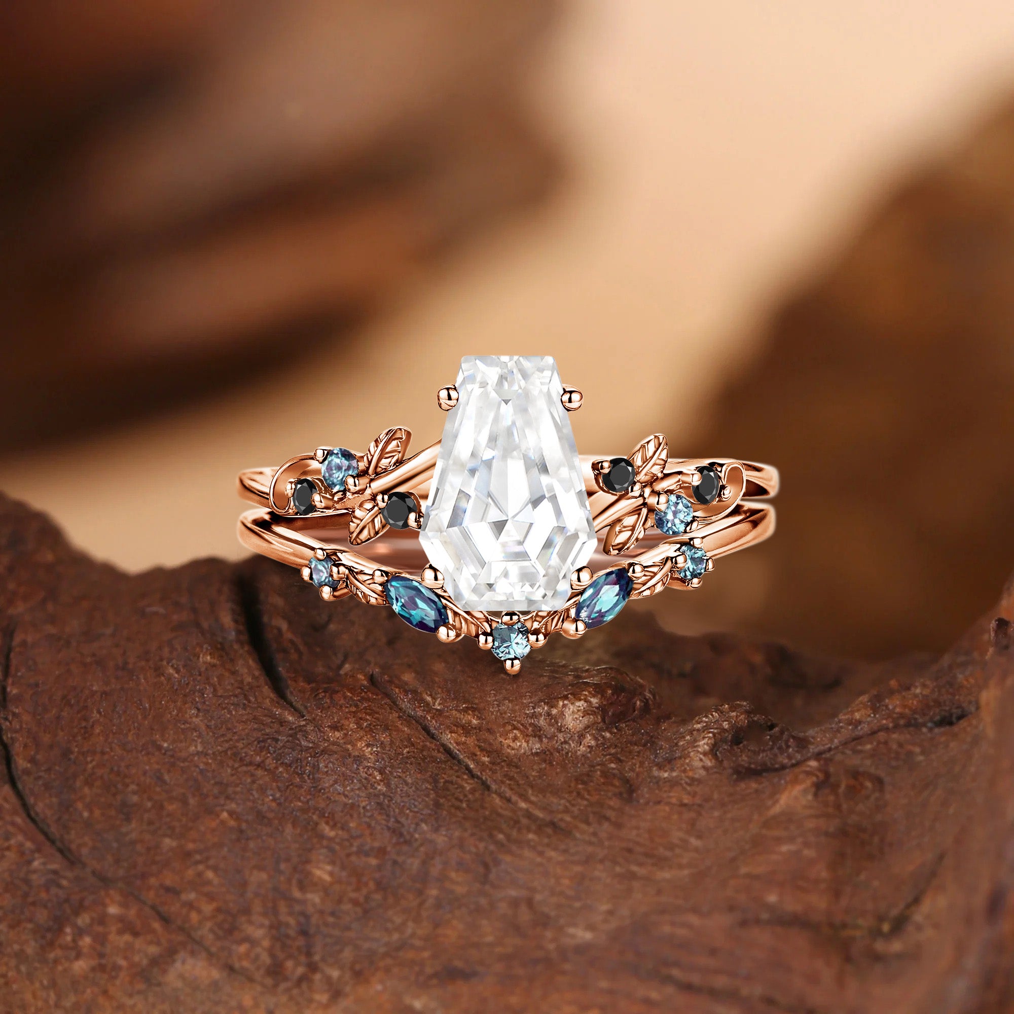 Caroline - Nature Inspired Coffin Cut Moissanite Leafy Bridal Set 2pcs