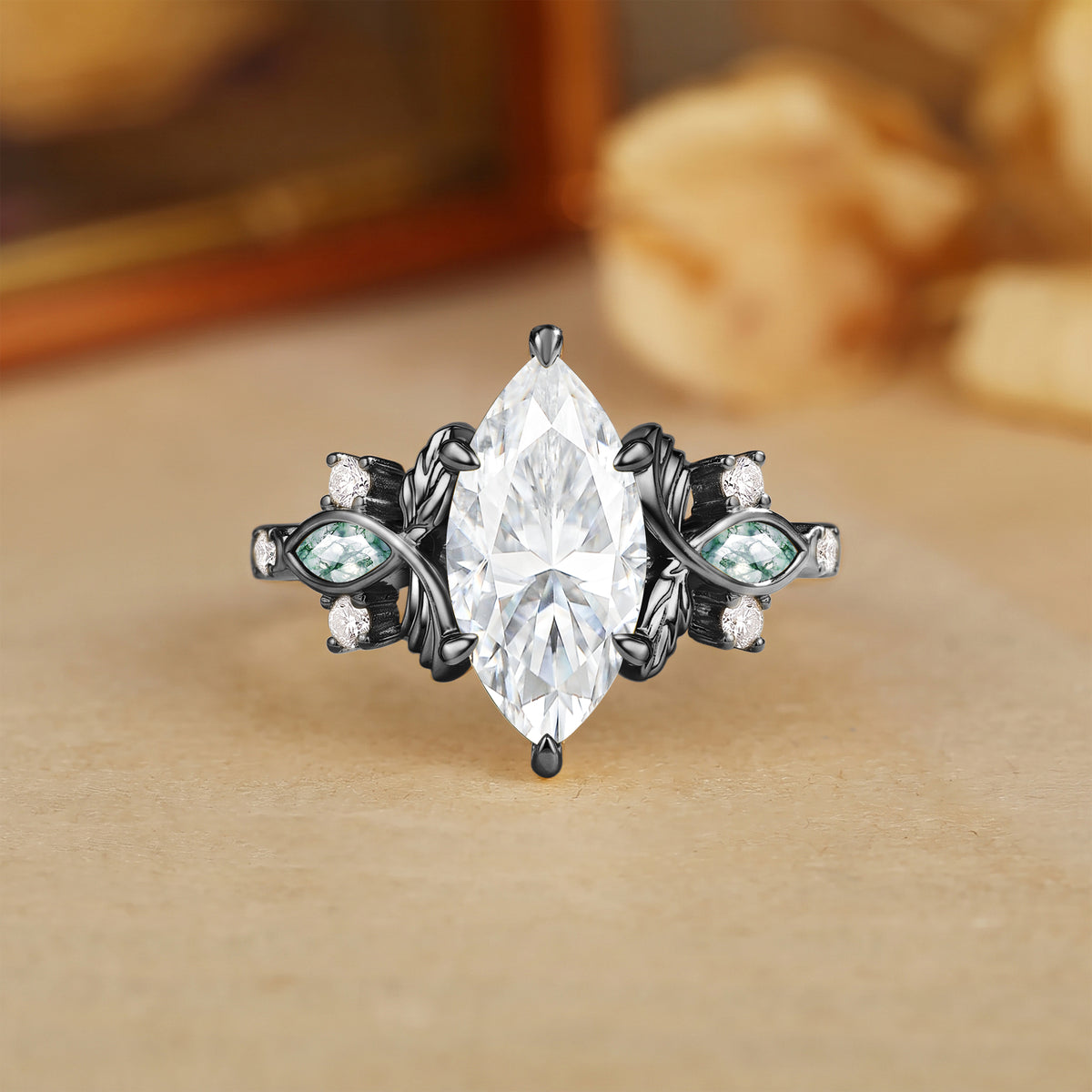 Marquise Cut Moissanite Moss Agate Leaf Fairytale Engagement Ring - Mosselle