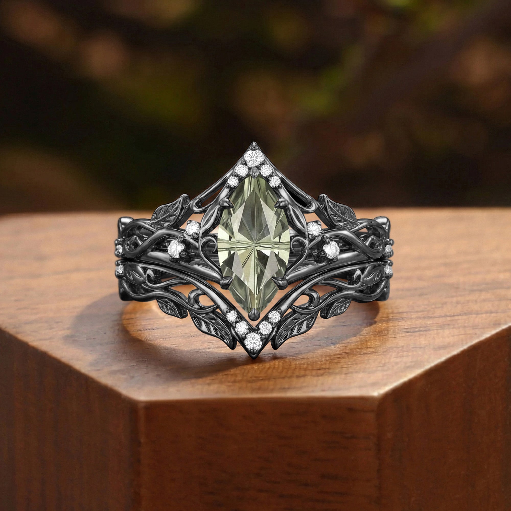 Forest Fairy Marquise Firework Cut Green Sapphire Leafy Inspired Bridal Set 2pcs - Felicity