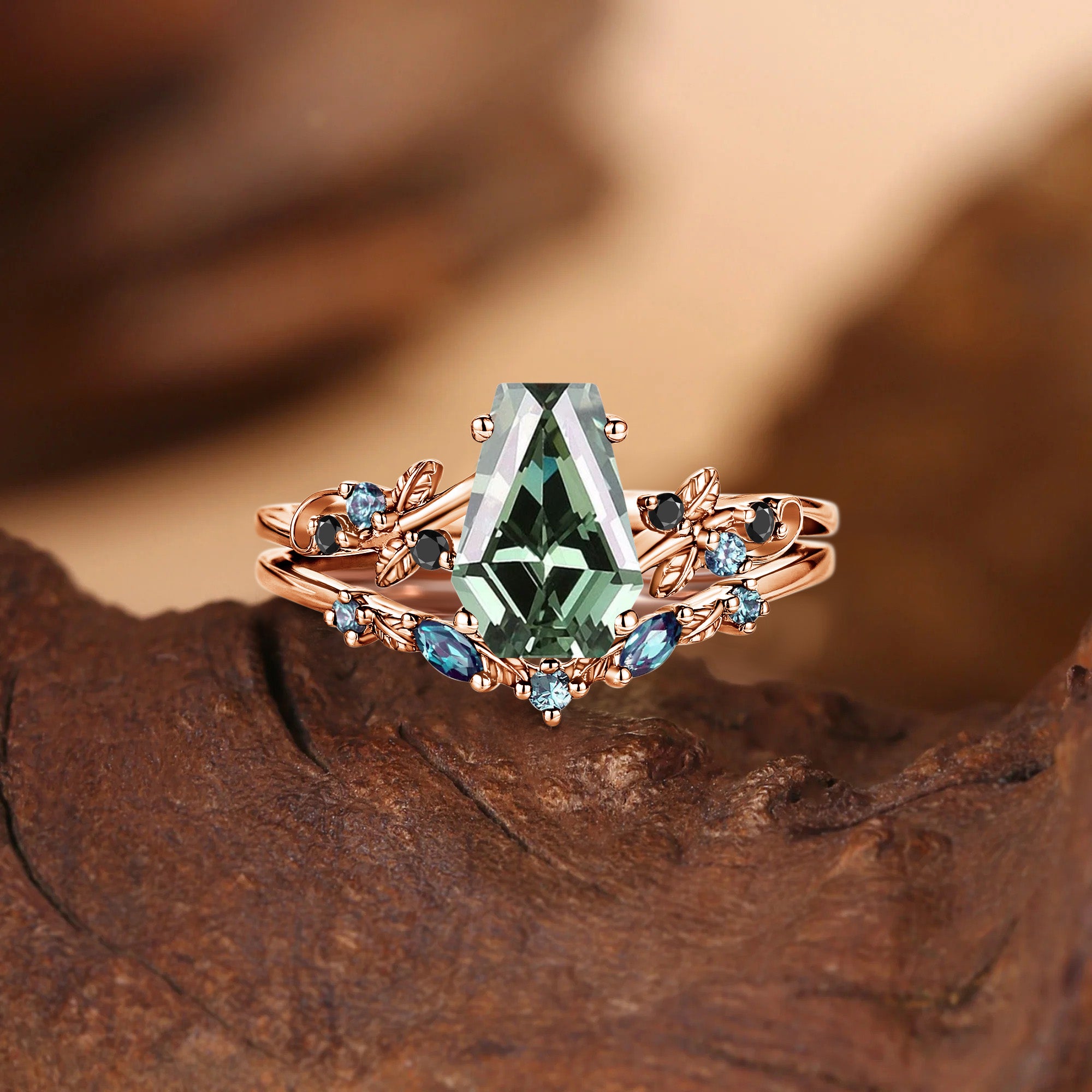 Caroline - Nature Inspired Coffin Cut Lab Green Sapphire Leafy Bridal Set 2pcs