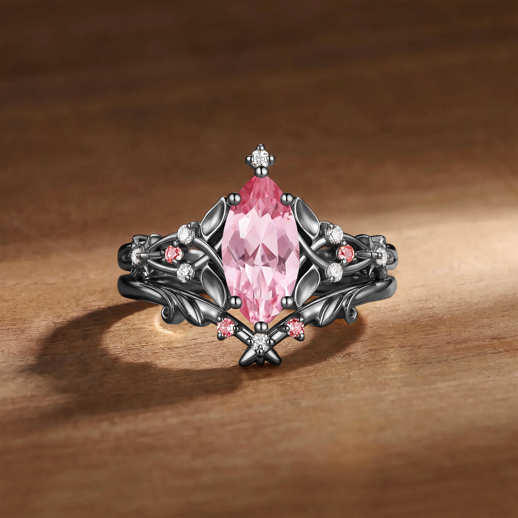 Floral Fairy Marquise Cut Padparadscha Sapphire Leafy Bridal Set 2pcs - Faith