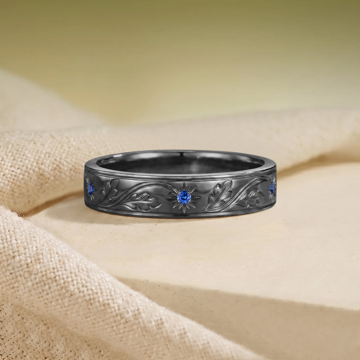 Art Carved Blue Sapphire Oak Leaf Inspired Anniversary Ring - Men Band